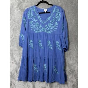J Marie Blue Embroidered Tiered Mini Dress Tunic Medium Coastal Cowgirl